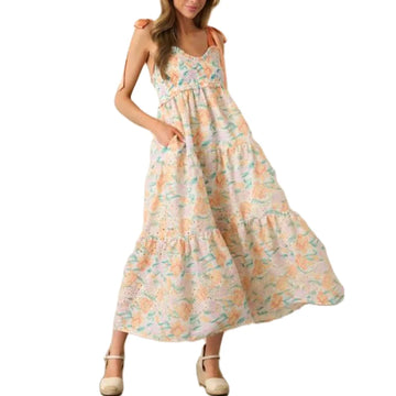 MQTIME  -  Women Summer Straps Tied Shoulder Sleeveless V-Neck Smocked Ruffle Trim Floral Print Swing A-line Tank Long Dress